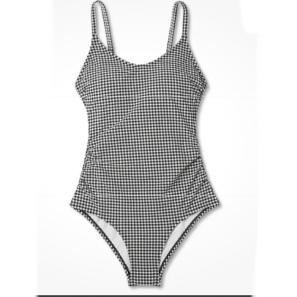 Kona Sol One Piece Black and White Gingham Swimsuit with ruching on the sides-M